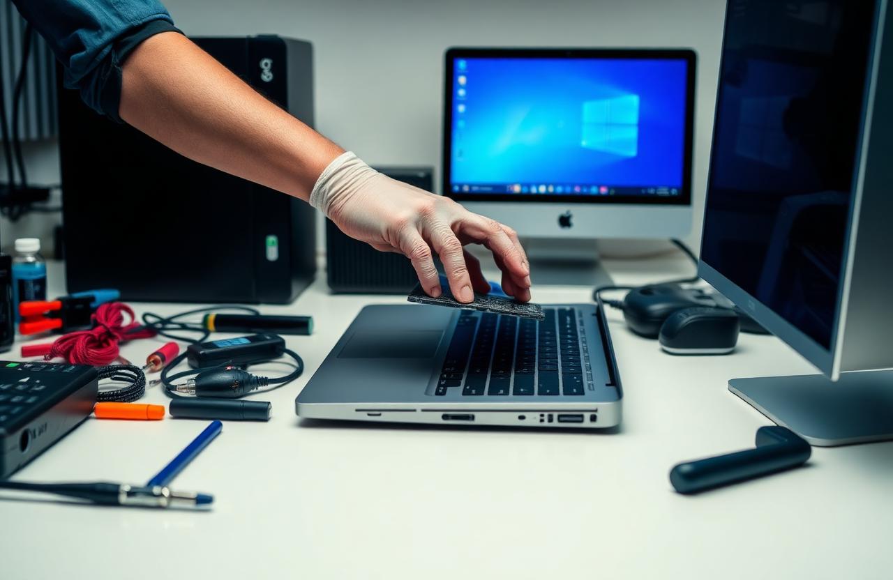 Technician repairing a laptop alongside a Windows PC and Mac