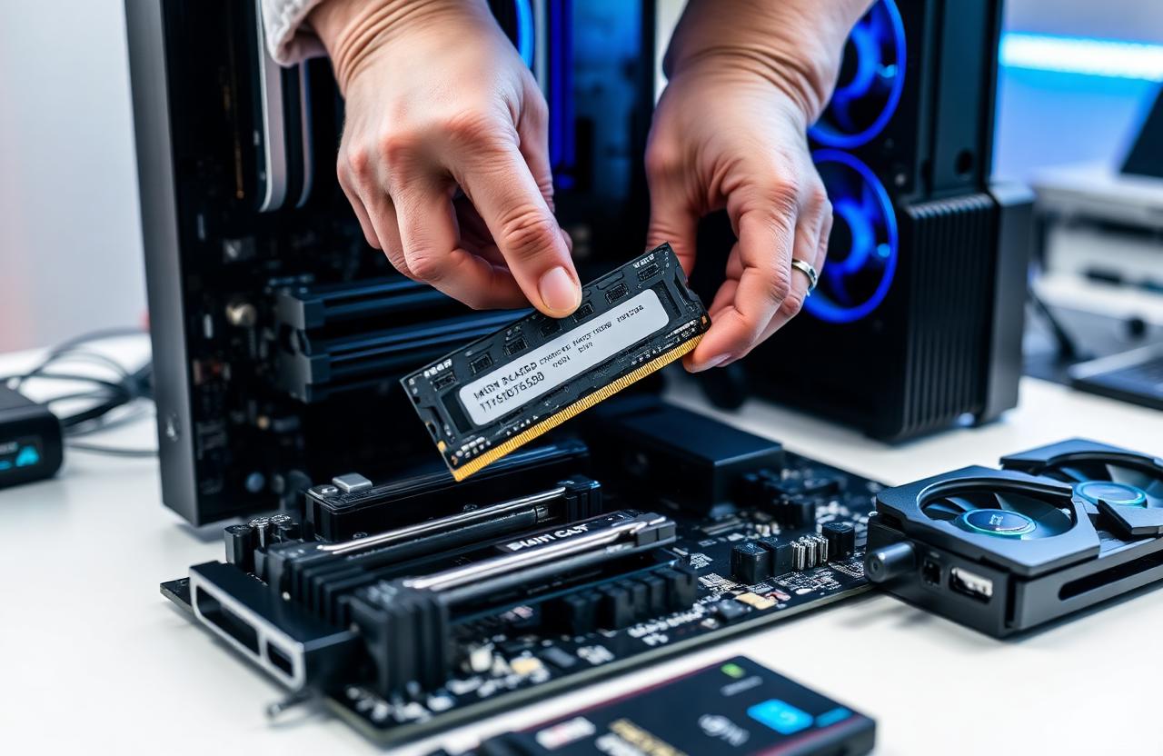 Technician installing a RAM stick into a desktop computer